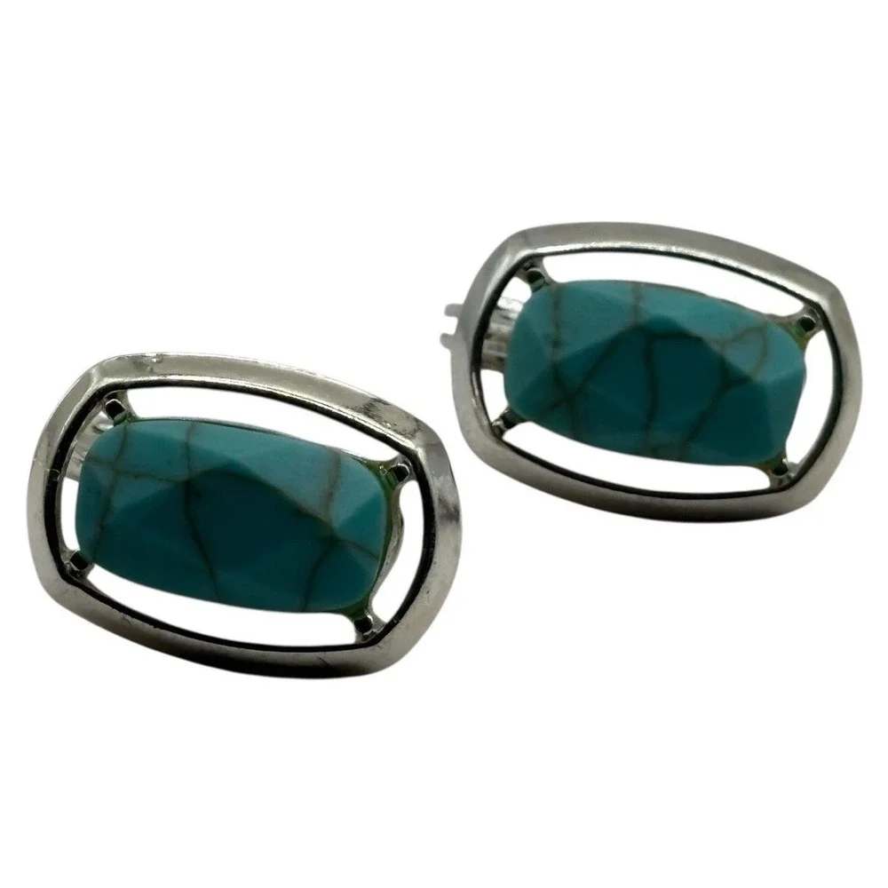 Faux Turquoise Clip On Earrings Silver‎ Tone Vintage TJG The Jewelry Group Open